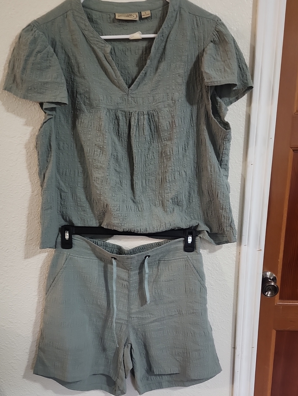 Light Sage Short Sleeve V-Neck Top & Drawstring Shorts Set